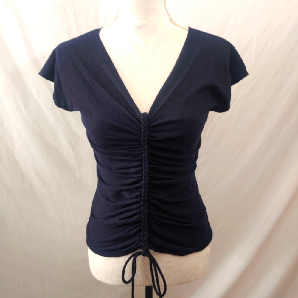 Max Studio Navy V Neck Flutter Short Sleeve Women's Top Blouse Sz XS NWT